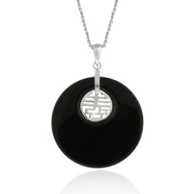 Sterling Silver Chinese Motif Longevity Onyx Disc Pendant