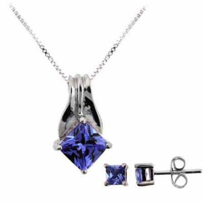 Sterling Silver Tanzanite CZ Pendant and Stud Earrings Set