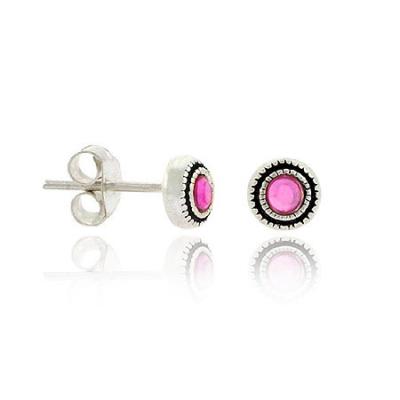Sterling Silver 7mm Pink Rhinestone Mini Round Stud Earrings