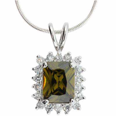 Sterling Silver Olive Green and Clear CZ Square Pendant