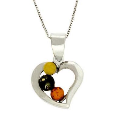 Sterling Silver Multicolor Brown and Green Amber Open Heart Pendant