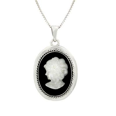Sterling Silver White & Black Stone Lady Cameo Pendant
