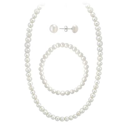 Sterling Silver 5.5-6mm Genuine Freshwater Cultured White Pearl Necklace Bracelet & Stud Earrings Set