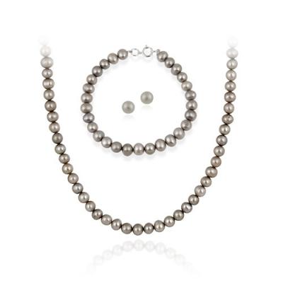 Sterling Silver 5.5-6mm Genuine Freshwater Cultured Grey Pearl Necklace Bracelet & Stud Earrings Set