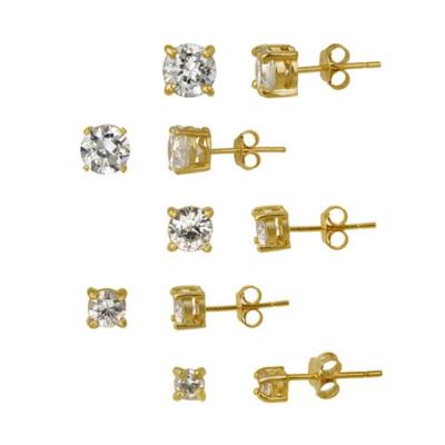 18K Gold over Sterling Silver 5-Pair Round CZ Stud Earrings Set