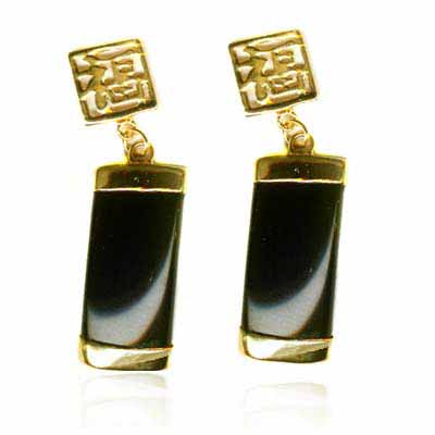 18K Gold over Sterling Silver Onyx Chinese Motif Dangle Earrings