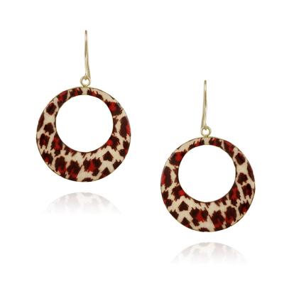 Gold Tone Enamel Animal Print Circle Dangle Earrings