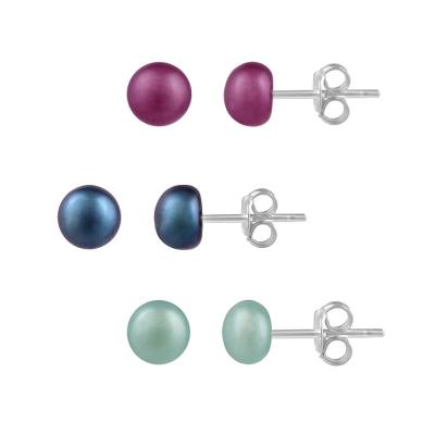 Sterling Silver 5-5.5mm Fuchsia, Teal, Night Blue Freshwater Cultured Pearl Stud Earrings, Set of 3