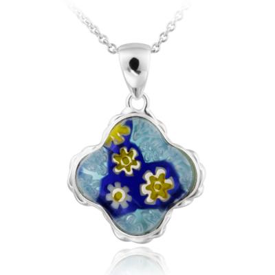 Sterling Silver Blue Millefoiri Glass Clover Necklace