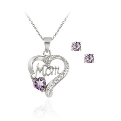 Sterling Silver Amethyst & Diamond Accent MOM Heart Pendant and Earrings Set