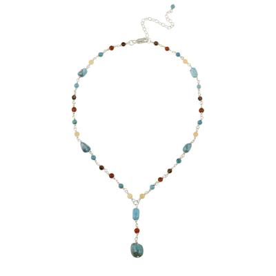 Sterling Silver Aragonite, Carnelian, Smokey Quartz & Created Turquoise Chips & Nuggets Drop Necklace
