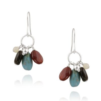 Sterling Silver Aragonite, Created Turquoise, Carnelian & Smokey Quartz Chips Cluster Dangle Earrings