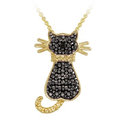 18K Gold over Sterling Silver Black Diamond Accent Cat Slide Pendant