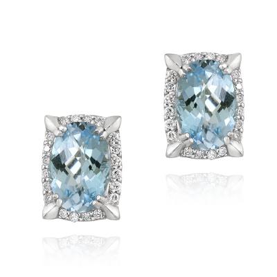 Rhodium Plated 8.8ct Blue Topaz & CZ Oval Earrings