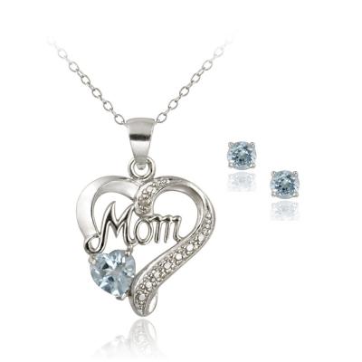 Sterling Silver Blue Topaz & Diamond Accent MOM Heart Pendant and Earrings Set