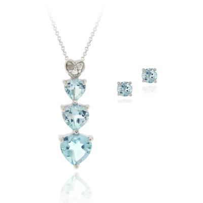 Sterling Silve Blue Topaz & Diamond Heart Necklace & Earrings Set