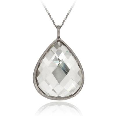 Black Rhodium Overlay Sterling Silver CZ Teardrop Brushed Necklace