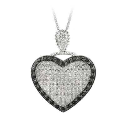Sterling Silver White & Black CZ Puffed Heart Necklace