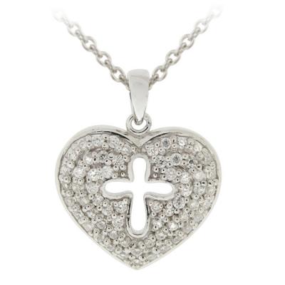 Sterling Silver CZ Cross Heart Pendant