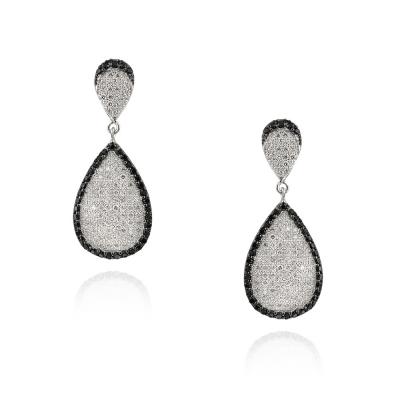 Sterling Silver Black & White CZ Double Teardrop Dangle Earrings