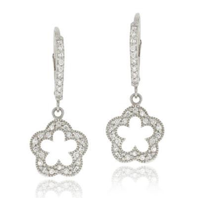 Sterling Silver CZ Open Flower Dangle Leverback Earrings