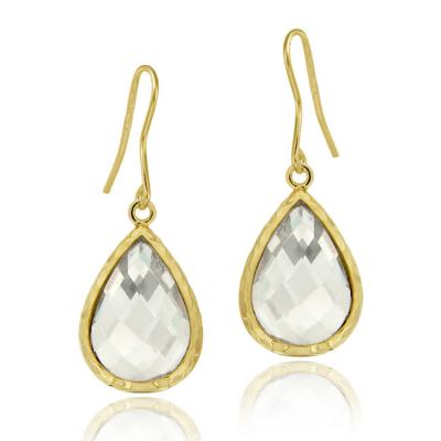 18K Gold Over Sterling Silver 8ct CZ Teardrop Brushed Dangle Earrings