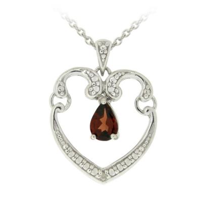 Sterling Silver Dangling Garnet & Diamond Accent Open Heart Necklace