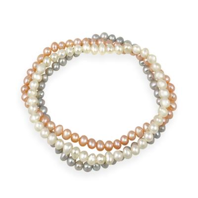 5-5.5mm White, Peach, Gray, Freshwater Cultured Pearls Stretch Bracelets, Set of 3