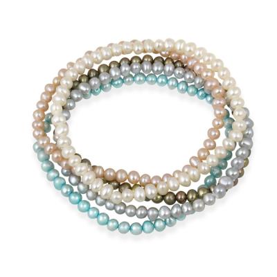 5-5.5mm White, Peach, Gray, Bronze, Teal Freshwater Cultured Pearls Stretch Bracelets, Set of 5