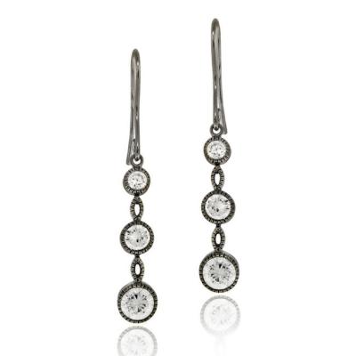 Black Rhodium Overlay Sterling Silver CZ Three Drop Dangle Earrings