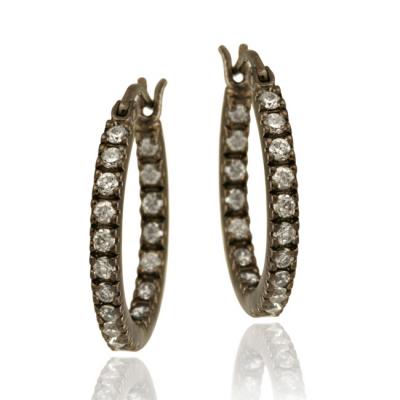 Brown Rhodium Overlay Sterling Silver 18mm Inside Out CZ Hoop Earrings