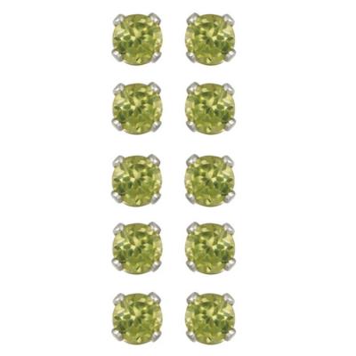 Sterling Silver 2.8ct Peridot 4mm Stud Earrings, Set of 5