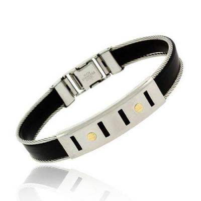 Genuine 18K Gold rubber Stainless Steel Screws Cable Mens Bracelet