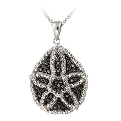 Silver Tone Black Diamond Accent Flower Tear Drop Necklace