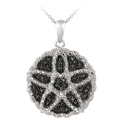 Silver Tone Black Diamond Accent Flower Circle Necklace
