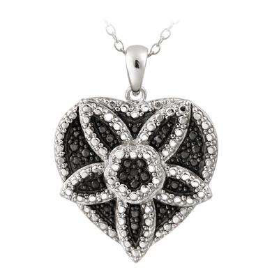 Silver Tone Black Diamond Accent Flower Heart Necklace