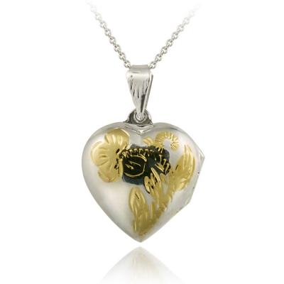Sterling Silver Two-Tone Engraved Flower Heart Locket Pendant