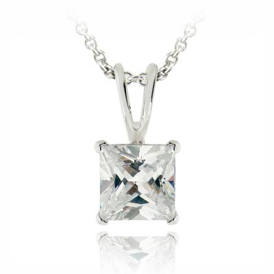 Silver Tone CZ Square Solitaire Necklace, 6mm