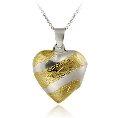 Sterling Silver Two-Tone Engraved Stripe Heart Locket Pendant