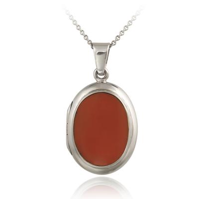 Sterling Silver Simulated Pink Coral Oval Locket Pendant