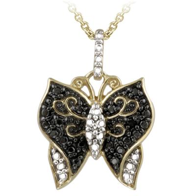 18K Gold over Sterling Silver Two-Tone Black Diamond Accent Butterfly Necklace