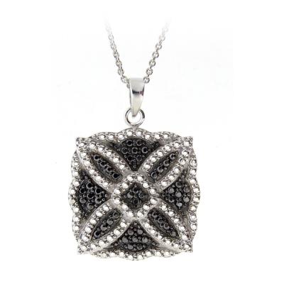 Silver Tone Black Diamond Accent Flower Square Necklace