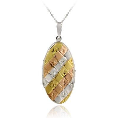 Sterling Silver Tri-Color Weave Oval Locket Pendant