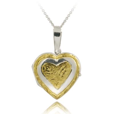 Sterling Silver Two-Tone Engraved Heart Locket Pendant