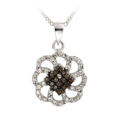 Sterling Silver 1/6ct Champagne Diamonds & White Topaz Swirl Flower Necklace