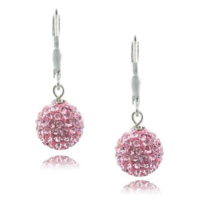 Sterling Silver Pink Crystal Fireball Leverback Dangle Earrings, 10mm