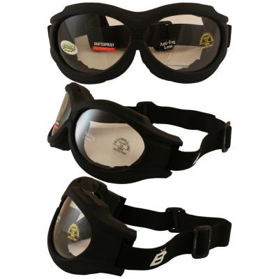 Birdz Buzzard Black Frame Motorcycle Goggles with Clear Shatterproof Anti-Fog Polycarbonate Lenses and Vented Open Cell Foam
