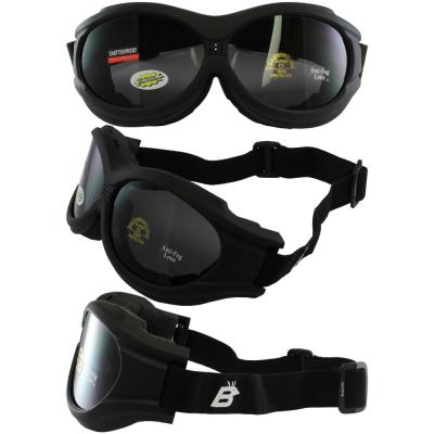 Birdz Buzzard Black Frame Motorcycle Goggles with Smoke Shatterproof Anti-Fog Polycarbonate Lenses and Vented Open Cell Foam