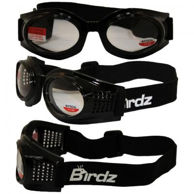 Birdz Kite Black Frame Motorcycle Goggles with Clear 1.0x Bifocal Shatterproof Anti-Fog Polycarbonate Lenses and Vented Open Cell Foam