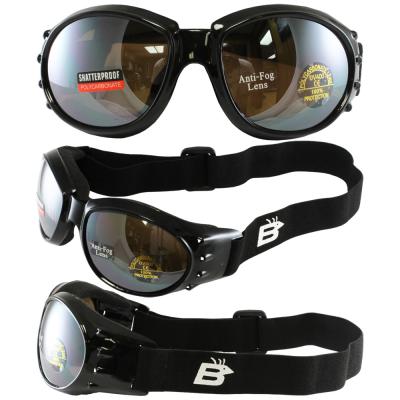 Birdz Eagle Black Frame Motorcycle Goggles with Driving Mirror Shatterproof Anti-Fog Polycarbonate Lenses and Vented Open Cell Foam